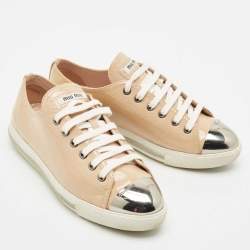 Miu Miu Beige Patent Leather Metal Cap Toe Low Top Sneakers Size 38.5