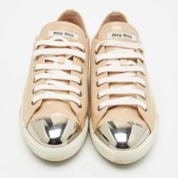 Miu Miu Beige Patent Leather Metal Cap Toe Low Top Sneakers Size 38.5