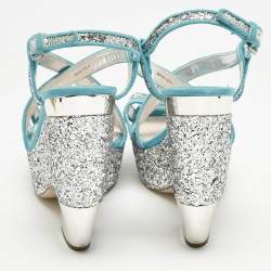 Miu Miu Blue/Silver Glitter and Suede Platform Sandals Size 41