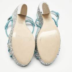 Miu Miu Blue/Silver Glitter and Suede Platform Sandals Size 41