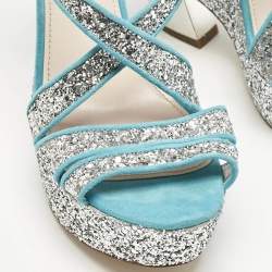 Miu Miu Blue/Silver Glitter and Suede Platform Sandals Size 41