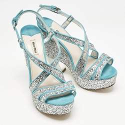 Miu Miu Blue/Silver Glitter and Suede Platform Sandals Size 41