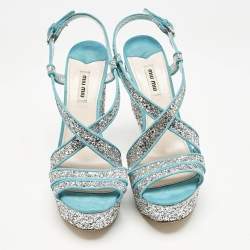 Miu Miu Blue/Silver Glitter and Suede Platform Sandals Size 41