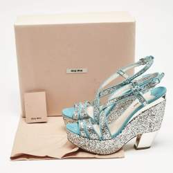Miu Miu Blue/Silver Glitter and Suede Platform Sandals Size 41