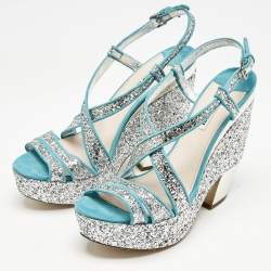 Miu Miu Blue/Silver Glitter and Suede Platform Sandals Size 41