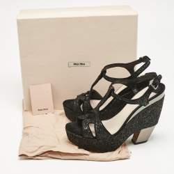 Miu Miu Black Glitter Wedge Slingback Sandals Size 41