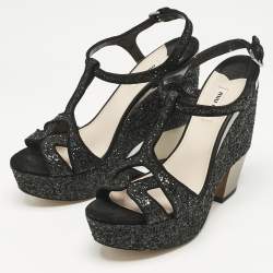 Miu Miu Black Glitter Wedge Slingback Sandals Size 41