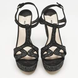 Miu Miu Black Glitter Wedge Slingback Sandals Size 41