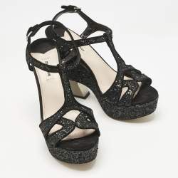 Miu Miu Black Glitter Wedge Slingback Sandals Size 41