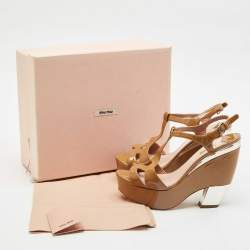 Miu Miu Tan/Silver Patent Leather T Strap Platform Sandals Size 41