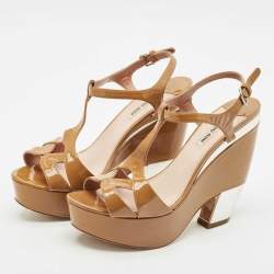 Miu Miu Tan/Silver Patent Leather T Strap Platform Sandals Size 41
