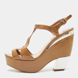 Miu Miu Tan/Silver Patent Leather T Strap Platform Sandals Size 41