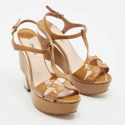 Miu Miu Tan/Silver Patent Leather T Strap Platform Sandals Size 41