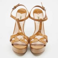 Miu Miu Tan/Silver Patent Leather T Strap Platform Sandals Size 41