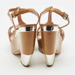 Miu Miu Tan/Silver Patent Leather T Strap Platform Sandals Size 41