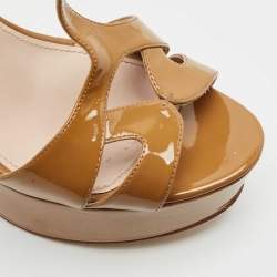 Miu Miu Tan/Silver Patent Leather T Strap Platform Sandals Size 41