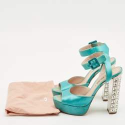 Miu Miu Green Satin Crystal Embellished Heel Ankle Strap Sandals Size 37