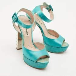 Miu Miu Green Satin Crystal Embellished Heel Ankle Strap Sandals Size 37