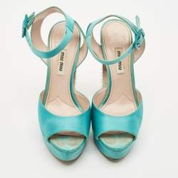 Miu Miu Green Satin Crystal Embellished Heel Ankle Strap Sandals Size 37