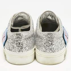 Miu Miu Silver/White Leather and Glitter Patch Slip on Sneakers Size 40