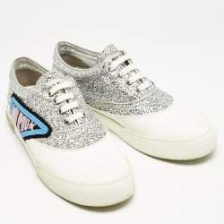 Miu Miu Silver/White Leather and Glitter Patch Slip on Sneakers Size 40