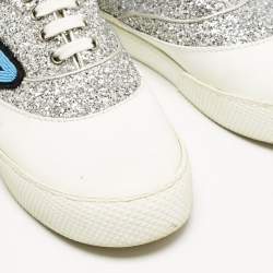 Miu Miu Silver/White Leather and Glitter Patch Slip on Sneakers Size 40