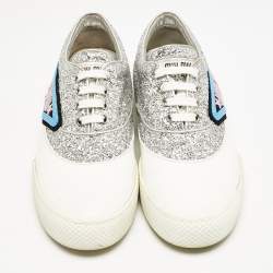 Miu Miu Silver/White Leather and Glitter Patch Slip on Sneakers Size 40