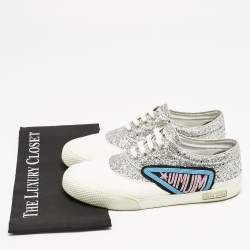 Miu Miu Silver/White Leather and Glitter Patch Slip on Sneakers Size 40