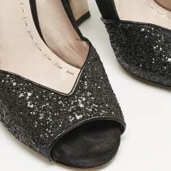 Miu Miu Black Glitter and Suede Curved Peep Toe Pumps Size 37.5