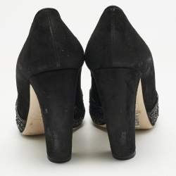 Miu Miu Black Glitter and Suede Curved Peep Toe Pumps Size 37.5