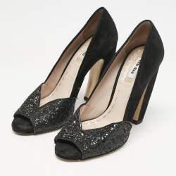 Miu Miu Black Glitter and Suede Curved Peep Toe Pumps Size 37.5