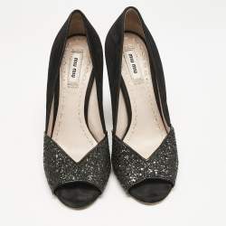 Miu Miu Black Glitter and Suede Curved Peep Toe Pumps Size 37.5
