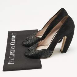 Miu Miu Black Glitter and Suede Curved Peep Toe Pumps Size 37.5