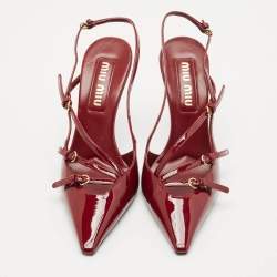 Miu Miu Burgundy Patent Leather Pointed Toe Buckle Slingback Pumps Size 37.5