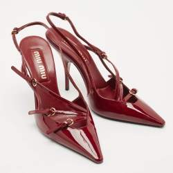 Miu Miu Burgundy Patent Leather Pointed Toe Buckle Slingback Pumps Size 37.5