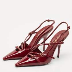 Miu Miu Burgundy Patent Leather Pointed Toe Buckle Slingback Pumps Size 37.5