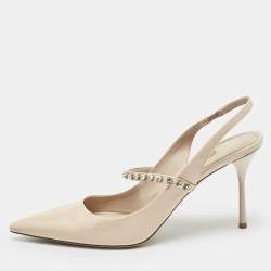 Miu Miu Beige Patent Leather Crystal Embellished Slingback Pump Size 40