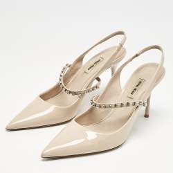 Miu Miu Beige Patent Leather Crystal Embellished Slingback Pump Size 40