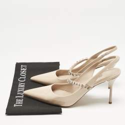 Miu Miu Beige Patent Leather Crystal Embellished Slingback Pump Size 40