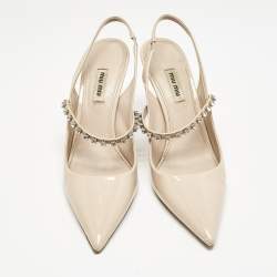 Miu Miu Beige Patent Leather Crystal Embellished Slingback Pump Size 40