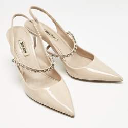 Miu Miu Beige Patent Leather Crystal Embellished Slingback Pump Size 40