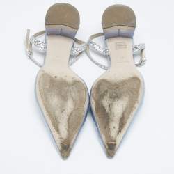 Miu Miu Metallic Blue Leather and Glitter Crystal Embellished Block Heel Pumps Size 38