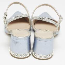 Miu Miu Metallic Blue Leather and Glitter Crystal Embellished Block Heel Pumps Size 38