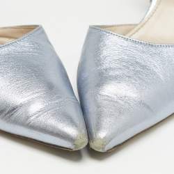 Miu Miu Metallic Blue Leather and Glitter Crystal Embellished Block Heel Pumps Size 38