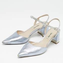 Miu Miu Metallic Blue Leather and Glitter Crystal Embellished Block Heel Pumps Size 38