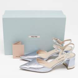 Miu Miu Metallic Blue Leather and Glitter Crystal Embellished Block Heel Pumps Size 38