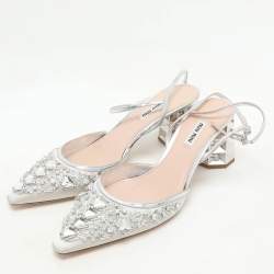 Miu Miu Silver/Grey Leather And Satin Crystal Embellished Block Heel Sandals Size 41