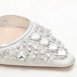 Miu Miu Silver/Grey Leather And Satin Crystal Embellished Block Heel Sandals Size 41