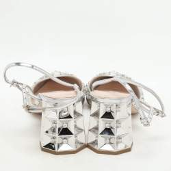 Miu Miu Silver/Grey Leather And Satin Crystal Embellished Block Heel Sandals Size 41