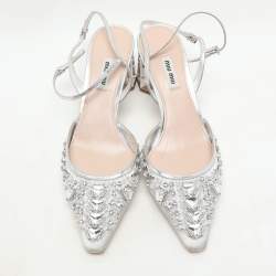 Miu Miu Silver/Grey Leather And Satin Crystal Embellished Block Heel Sandals Size 41